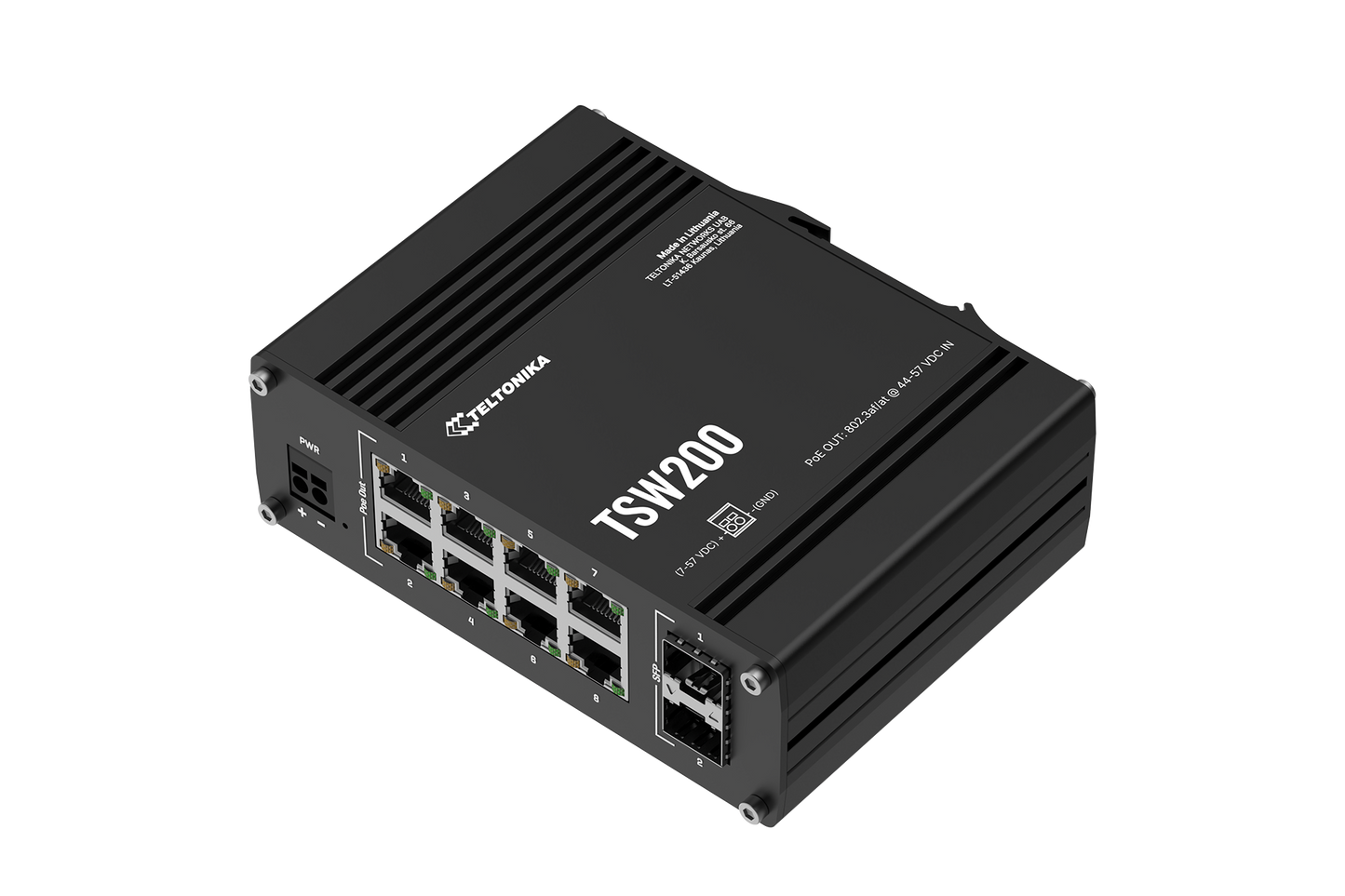 Black Teltonika TSW200 unmanaged gigabit ethernet switch with eight ports and one SFP port AU plug shown from back