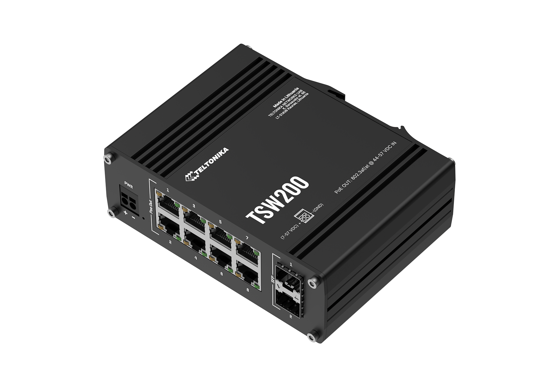 Black Teltonika TSW200 unmanaged gigabit ethernet switch with eight ports and one SFP port AU plug shown from back