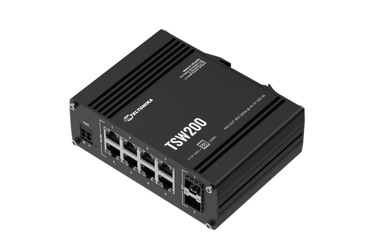 Black Teltonika TSW200 unmanaged gigabit ethernet switch with eight ports and one SFP port AU plug shown from back