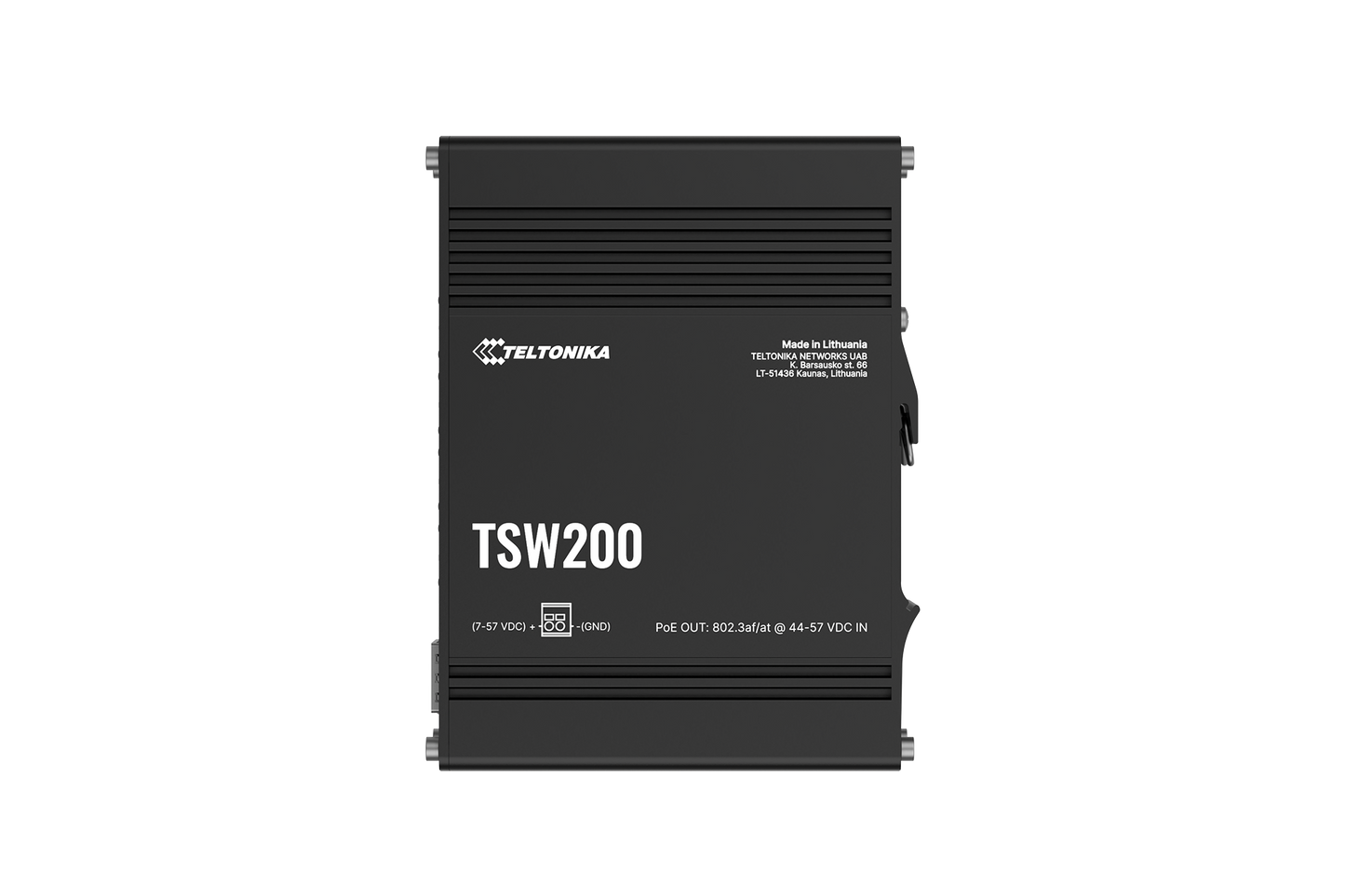 Black teltonika tsw200 industrial-grade unmanaged gigabit ethernet switch with 4 poe ports and matte finish
