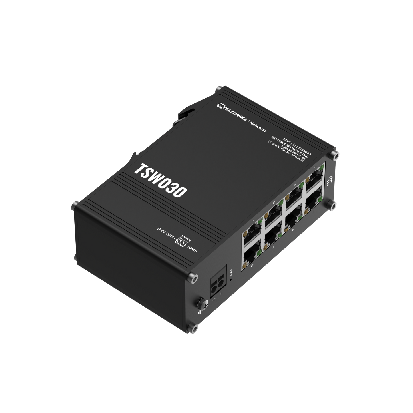 Black teltonika tsw030 network switch with eight ethernet ports and side power input for industrial use