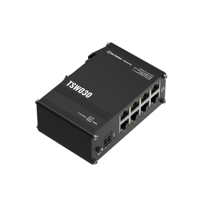 Black teltonika tsw030 network switch with eight ethernet ports and side power input for industrial use