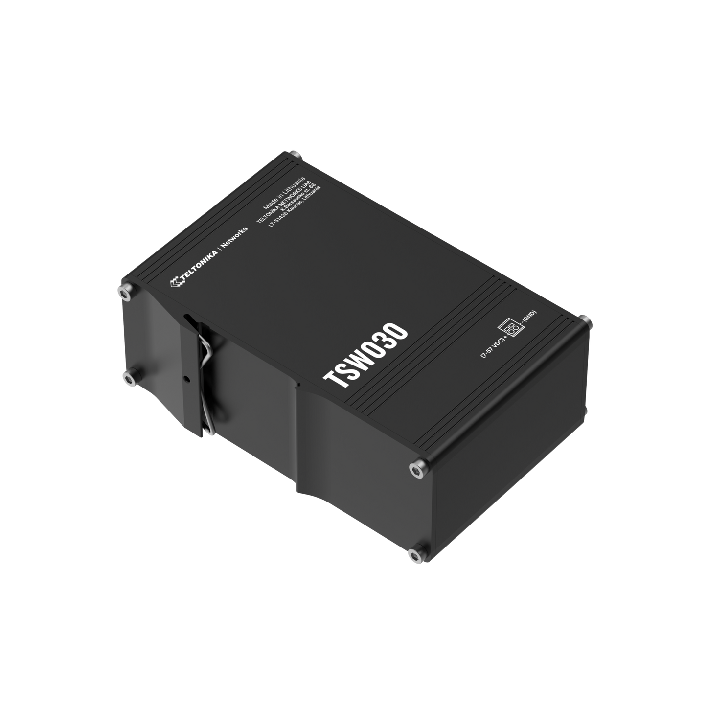 Black rectangular tsw030 industrial network device with silver screws and white labeling for fast ethernet use