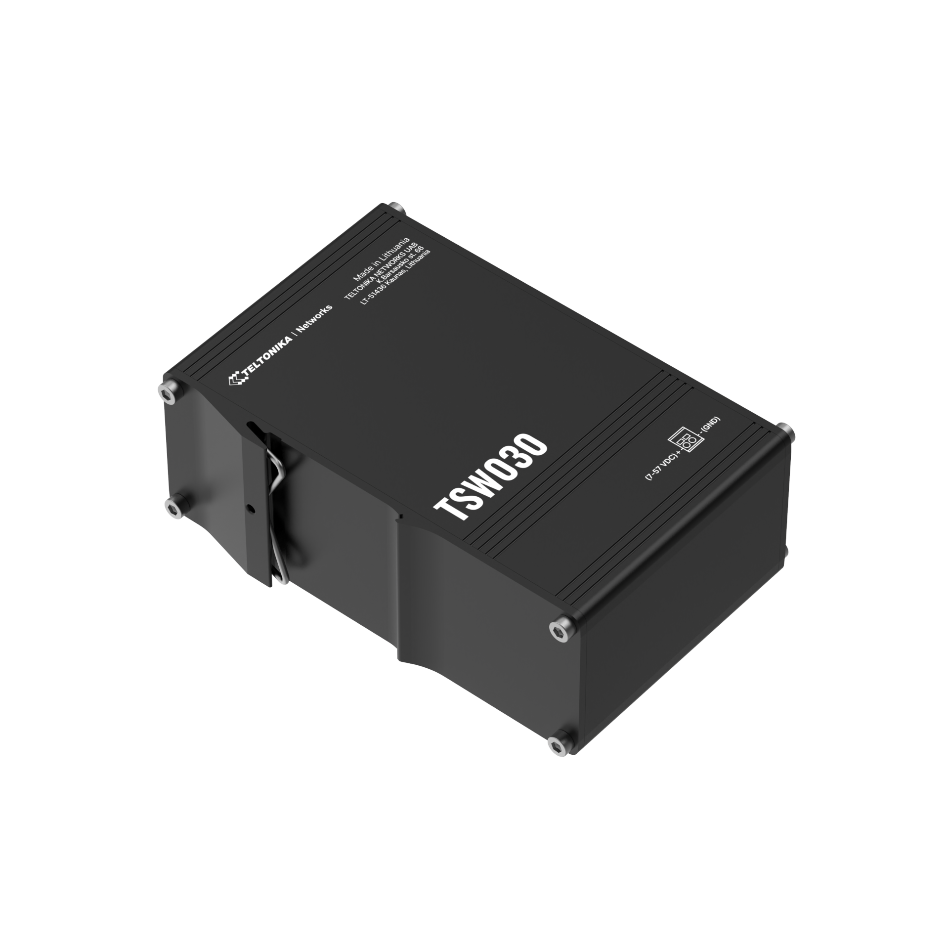 Black rectangular tsw030 industrial network device with silver screws and white labeling for fast ethernet use