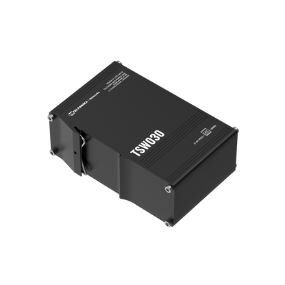 Black rectangular tsw030 industrial network device with silver screws and white labeling for fast ethernet use
