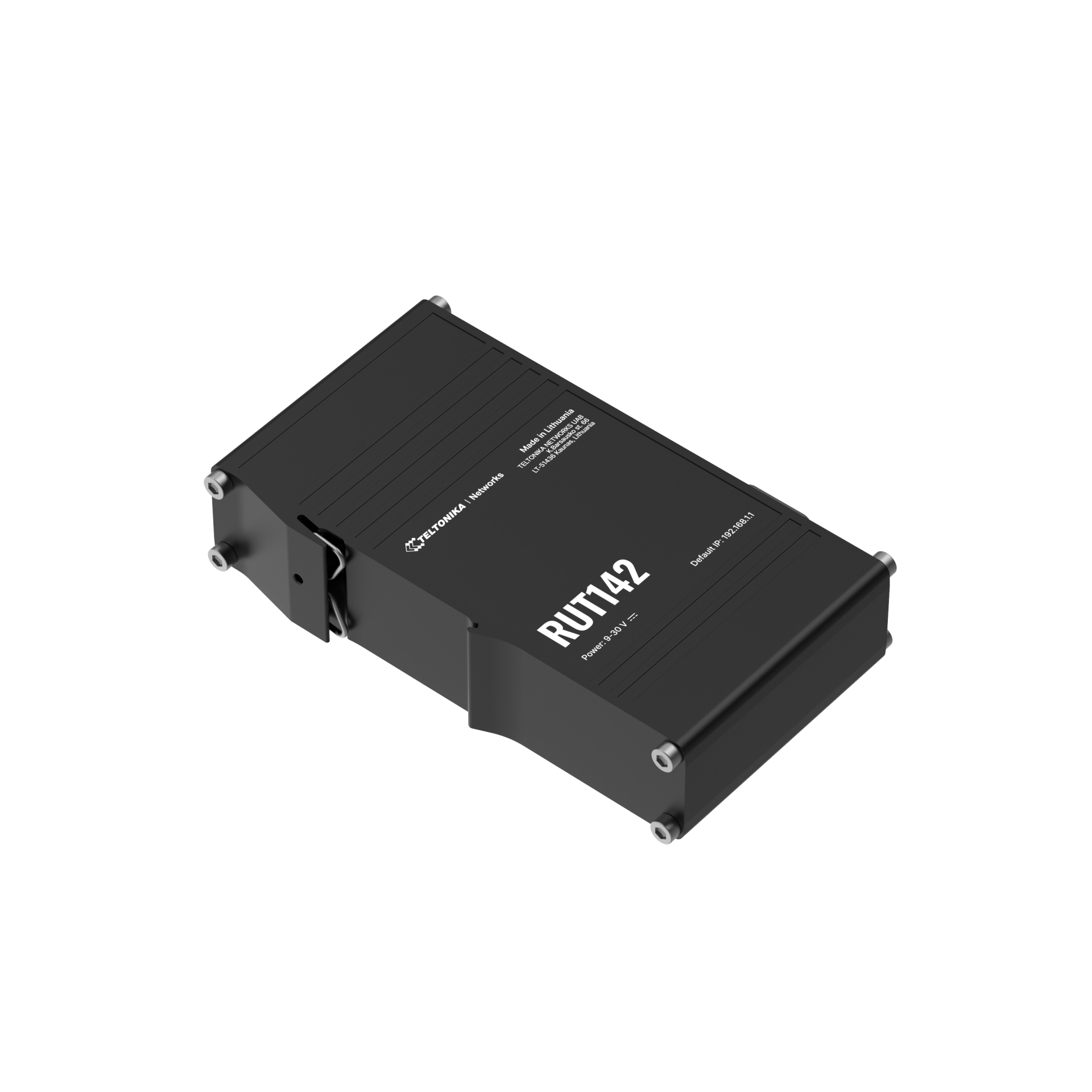Black rectangular Teltonika rut42 industrial network router with rs232 and wifi 4 for stable 100M connections