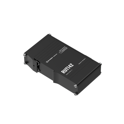 Black rectangular Teltonika rut42 industrial network router with rs232 and wifi 4 for stable 100M connections