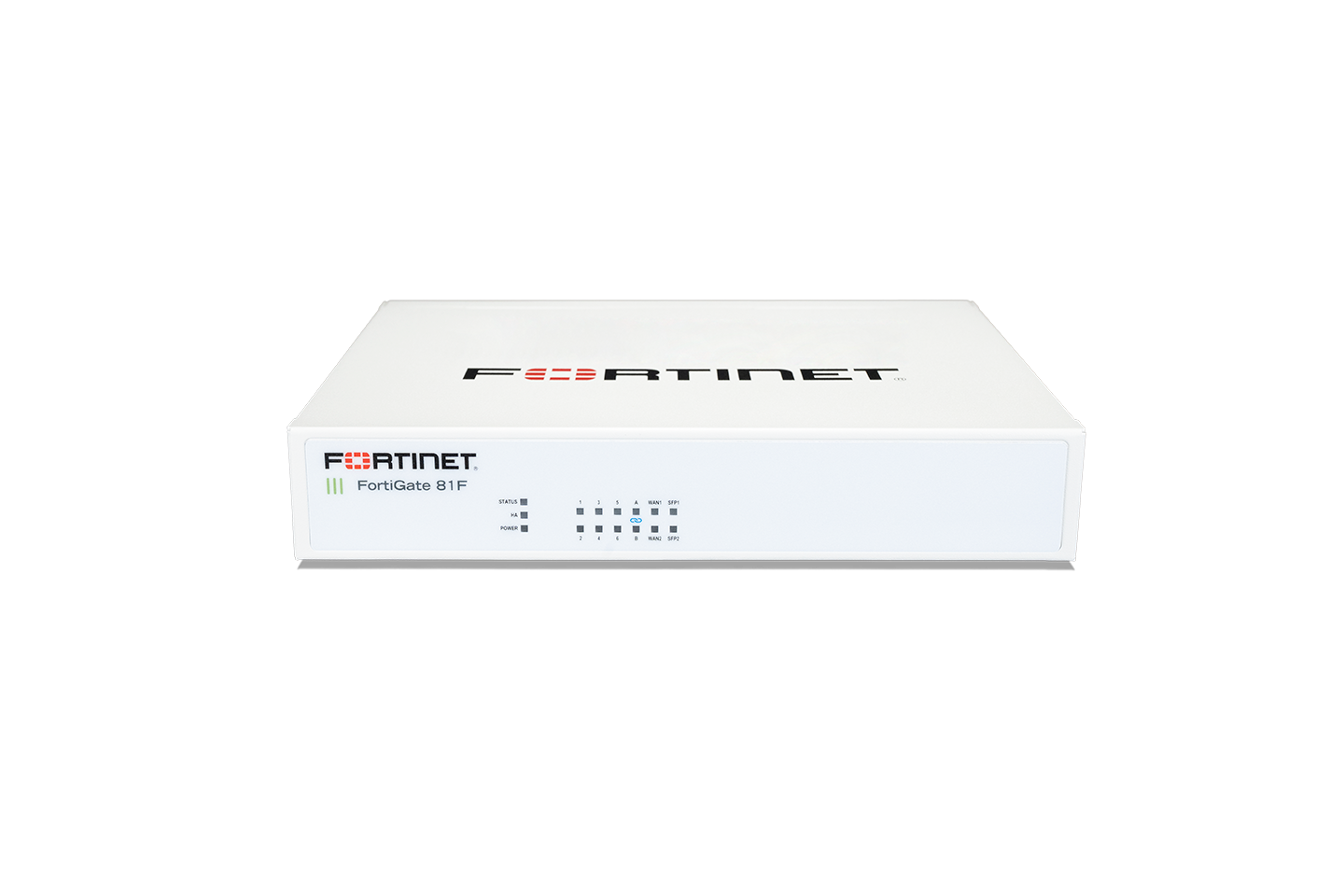 White Fortinet FortiGate 81F with 8 GE RJ45 ports and sleek design