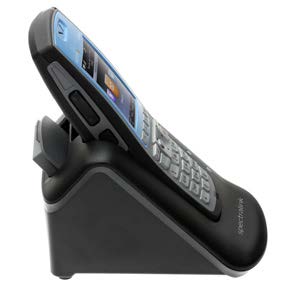 Spectralink 8400 dual charger with black plastic stand holding black and silver Blackberry phone