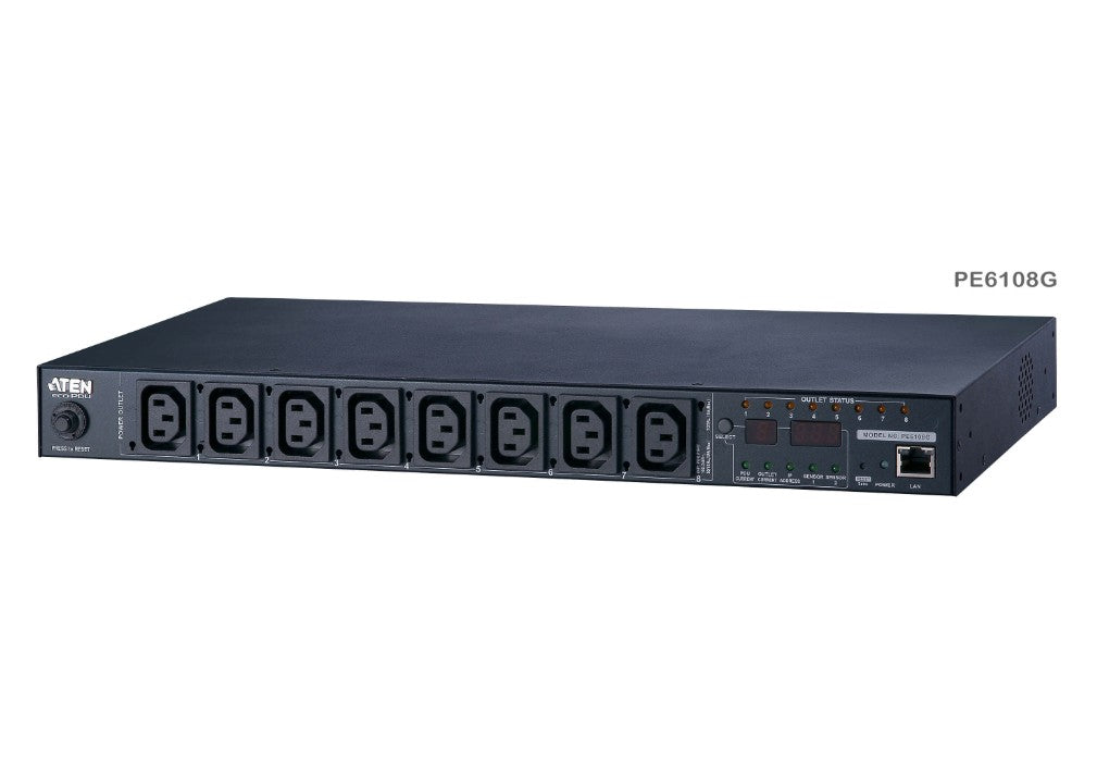 Black aten pe6108g nrgence eco pdu 1u with 8 metered and switched outlets and network ports shown from back side