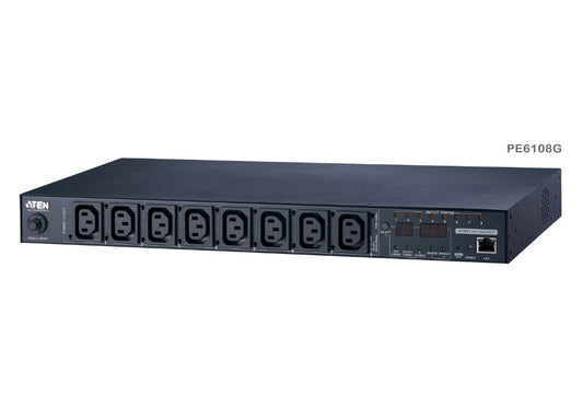 Black aten pe6108g nrgence eco pdu 1u with 8 metered and switched outlets and network ports shown from back side