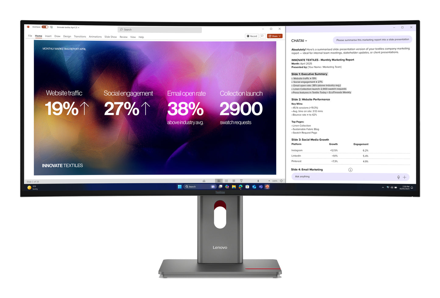 Lenovo 64B4XAR1AU thinkvision P40WD-40 39.7in 5K ultrawide monitor with sleek black frame showing vibrant marketing data