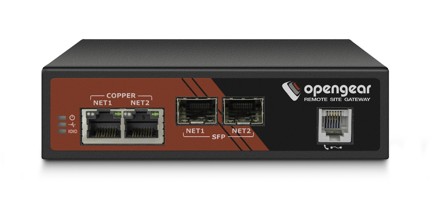 Black opengear acm7008-2-m 8-port serial console server with copper and sfp network ports on red-accented panel back side