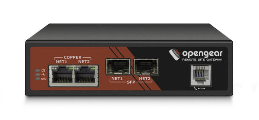 Black opengear acm7008-2-m 8-port serial console server with copper and sfp network ports on red-accented panel back side