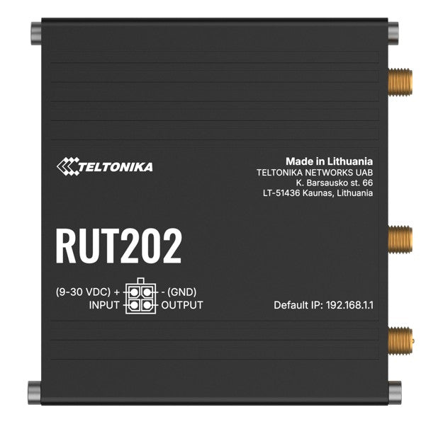Black Teltonika RUT202 industrial LTE Cat 4 router with dual SIM, Wi-Fi, 2x ETH, and gold-colored coaxial connectors