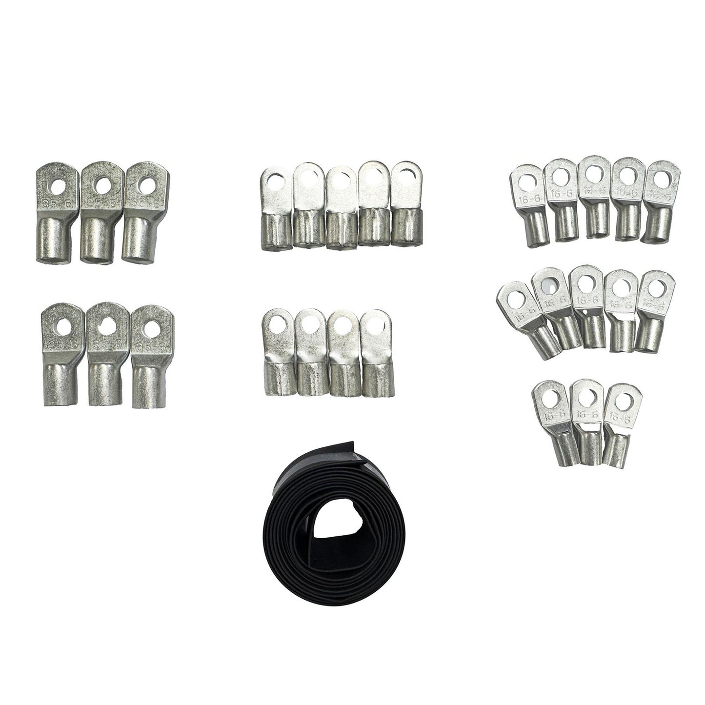 Set of silver copper lug terminals in various sizes with black heat shrink tubing for apc easy ups 3s pro cable lug kit