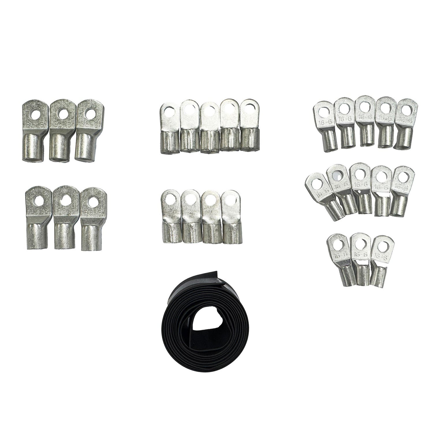 Set of silver copper lug terminals in various sizes with black heat shrink tubing for apc easy ups 3s pro cable lug kit