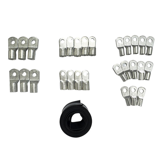 Set of silver copper lug terminals in various sizes with black heat shrink tubing for apc easy ups 3s pro cable lug kit