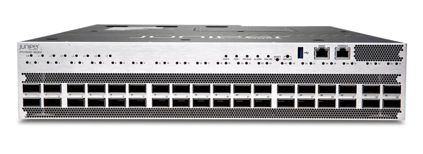Juniper PTX10002-36QDD silver juniper mx series 2U network switch back with black ethernet ports and ventilation grilles