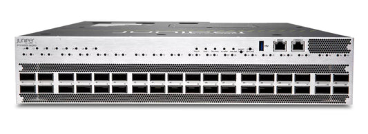Juniper PTX10002-36QDD silver juniper mx series 2U network switch back with black ethernet ports and ventilation grilles
