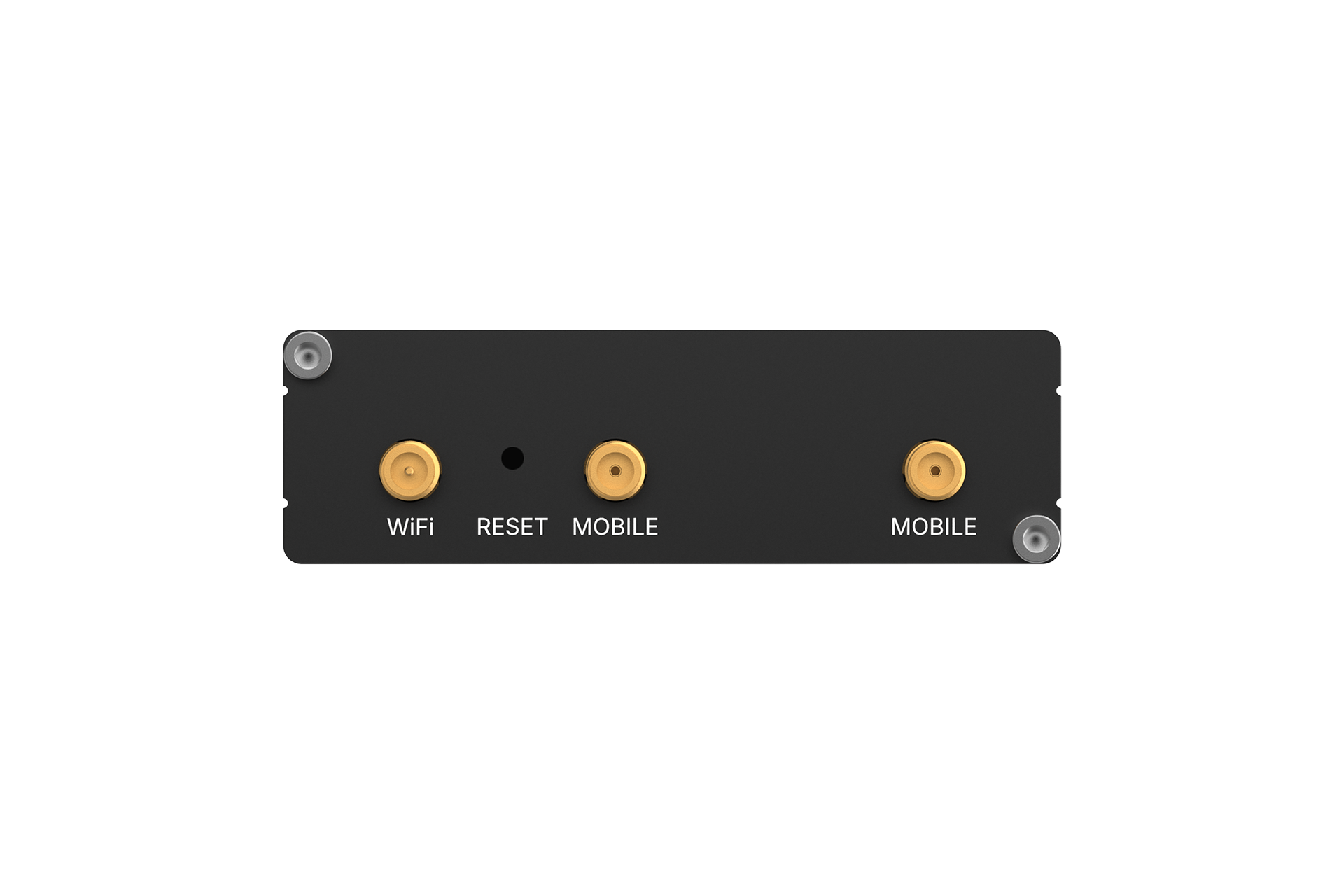 Black rectangular teltonika rut202 compact industrial lte router backside with three gold wifi reset and mobile ports