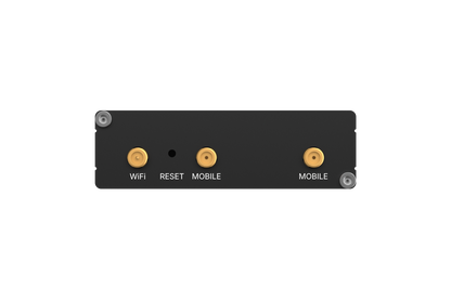 Black rectangular teltonika rut202 compact industrial lte router backside with three gold wifi reset and mobile ports