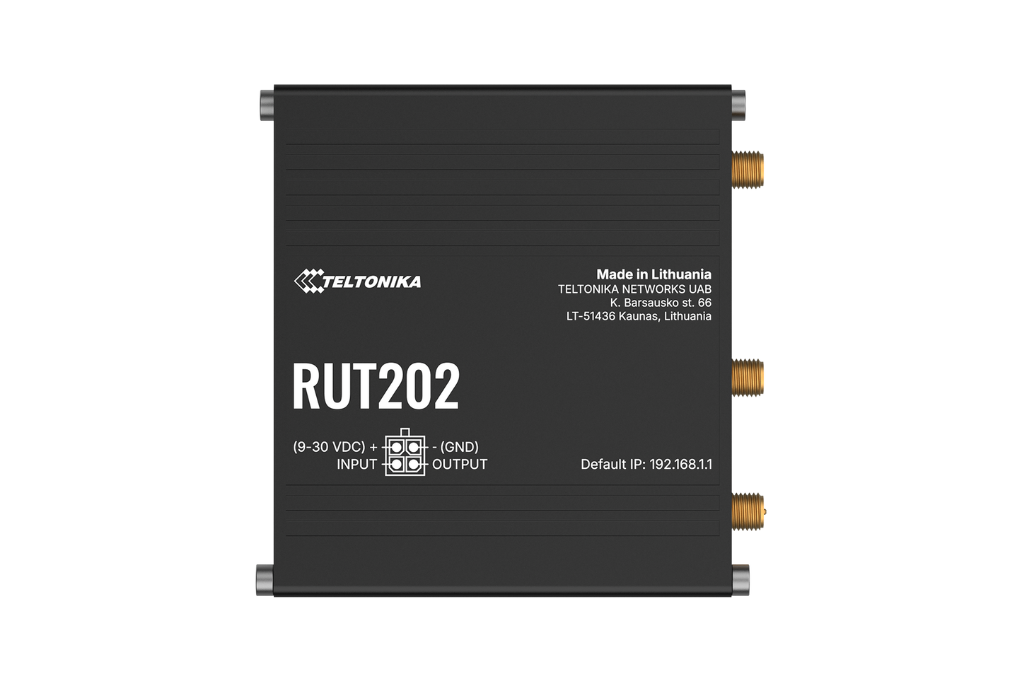 Black teltonika rut202 compact industrial lte router with metallic connectors and white labeling for dual sim 4g use