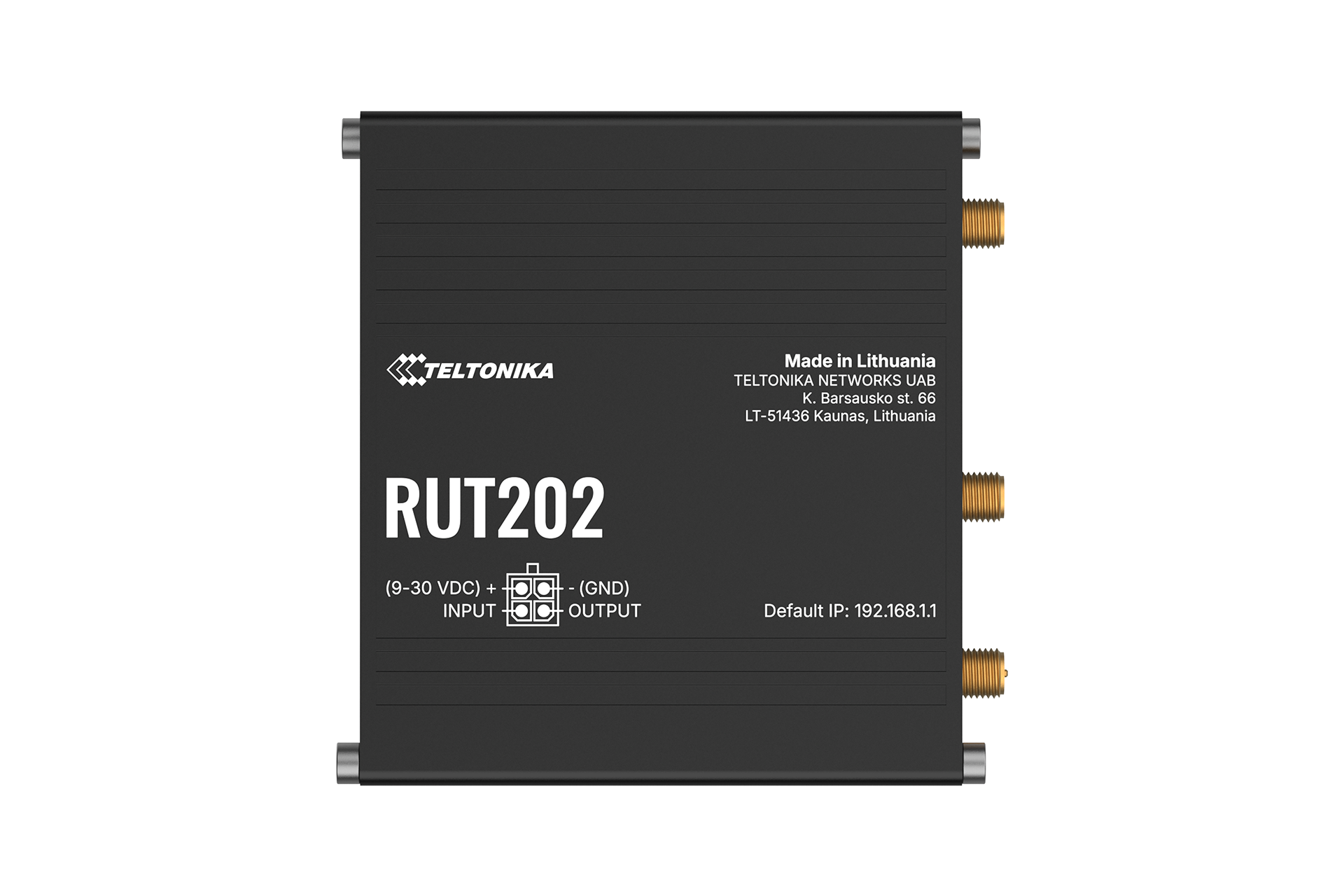 Black teltonika rut202 compact industrial lte router with metallic connectors and white labeling for dual sim 4g use