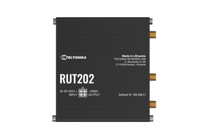 Black teltonika rut202 compact industrial lte router with metallic connectors and white labeling for dual sim 4g use