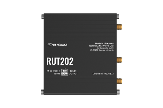 Black teltonika rut202 compact industrial lte router with metallic connectors and white labeling for dual sim 4g use