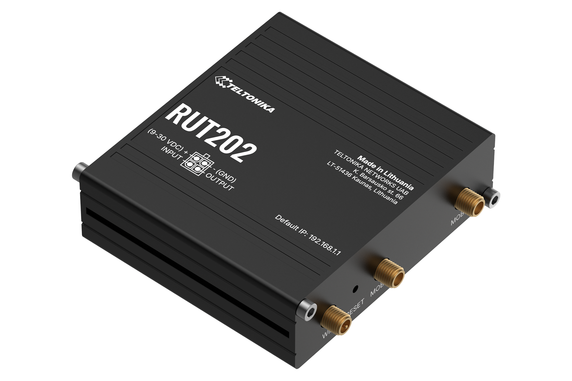 Black teltonika rut202 compact industrial lte router with gold coaxial connectors and silver screws back view