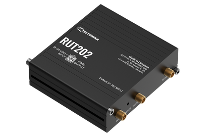Black teltonika rut202 compact industrial lte router with gold coaxial connectors and silver screws back view