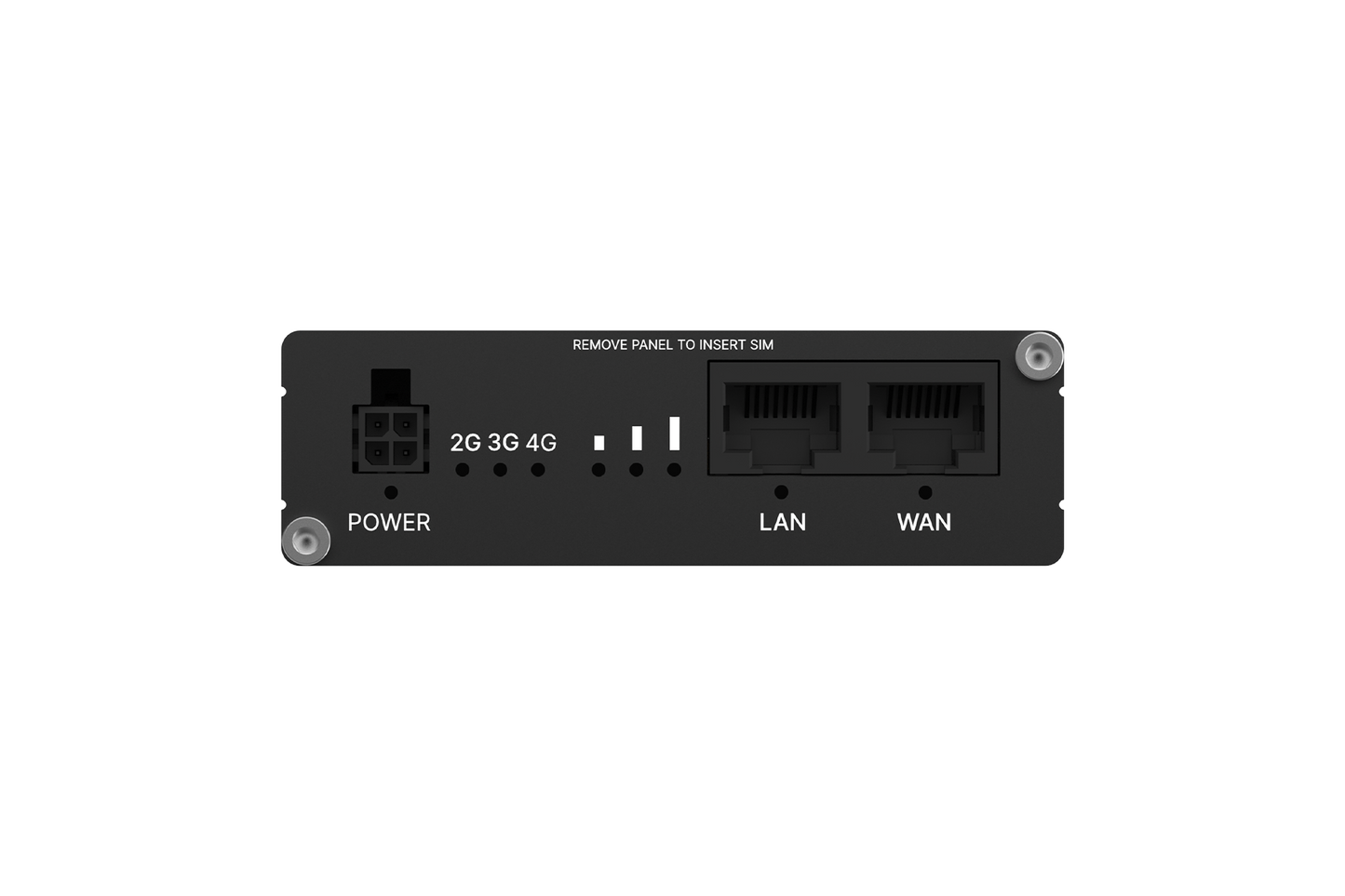 Back of black teltonika rut202 compact industrial lte router showing labeled power lan and wan ports