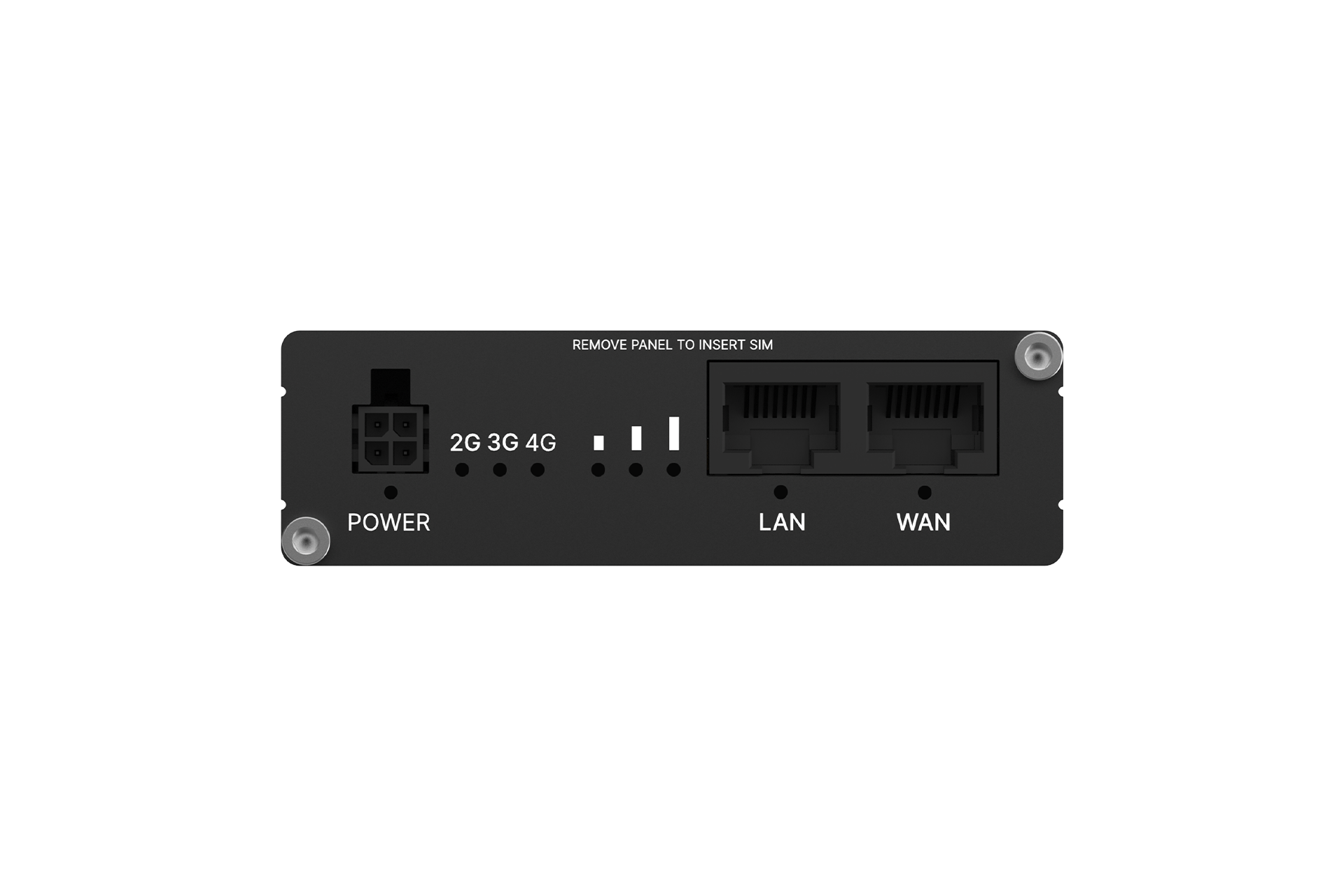 Back of black teltonika rut202 compact industrial lte router showing labeled power lan and wan ports