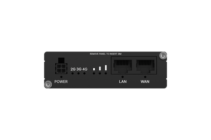 Back of black teltonika rut202 compact industrial lte router showing labeled power lan and wan ports