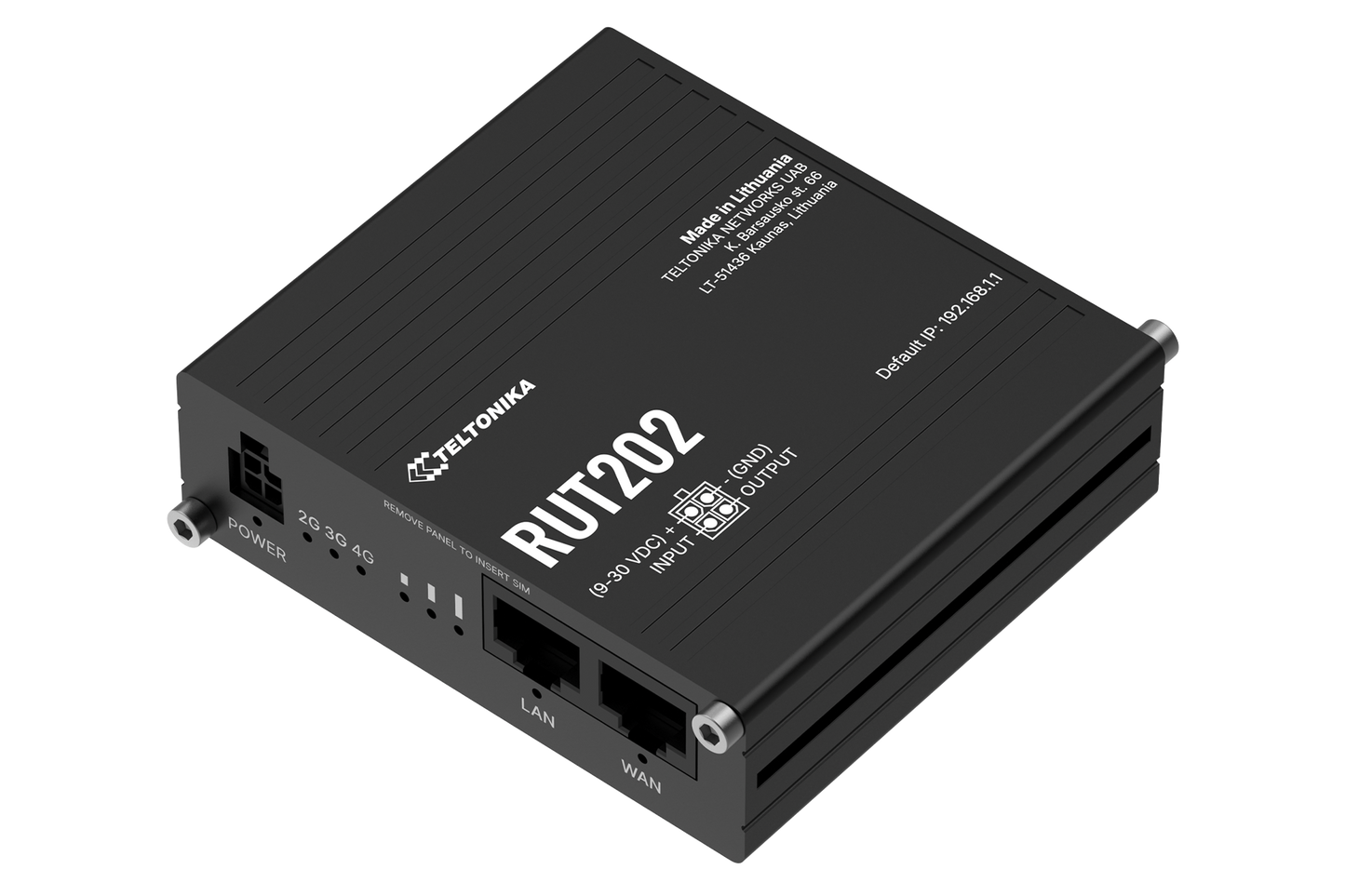 Black teltonika rut202 compact industrial lte router with dual sim 4g shown from the back with multiple ethernet ports