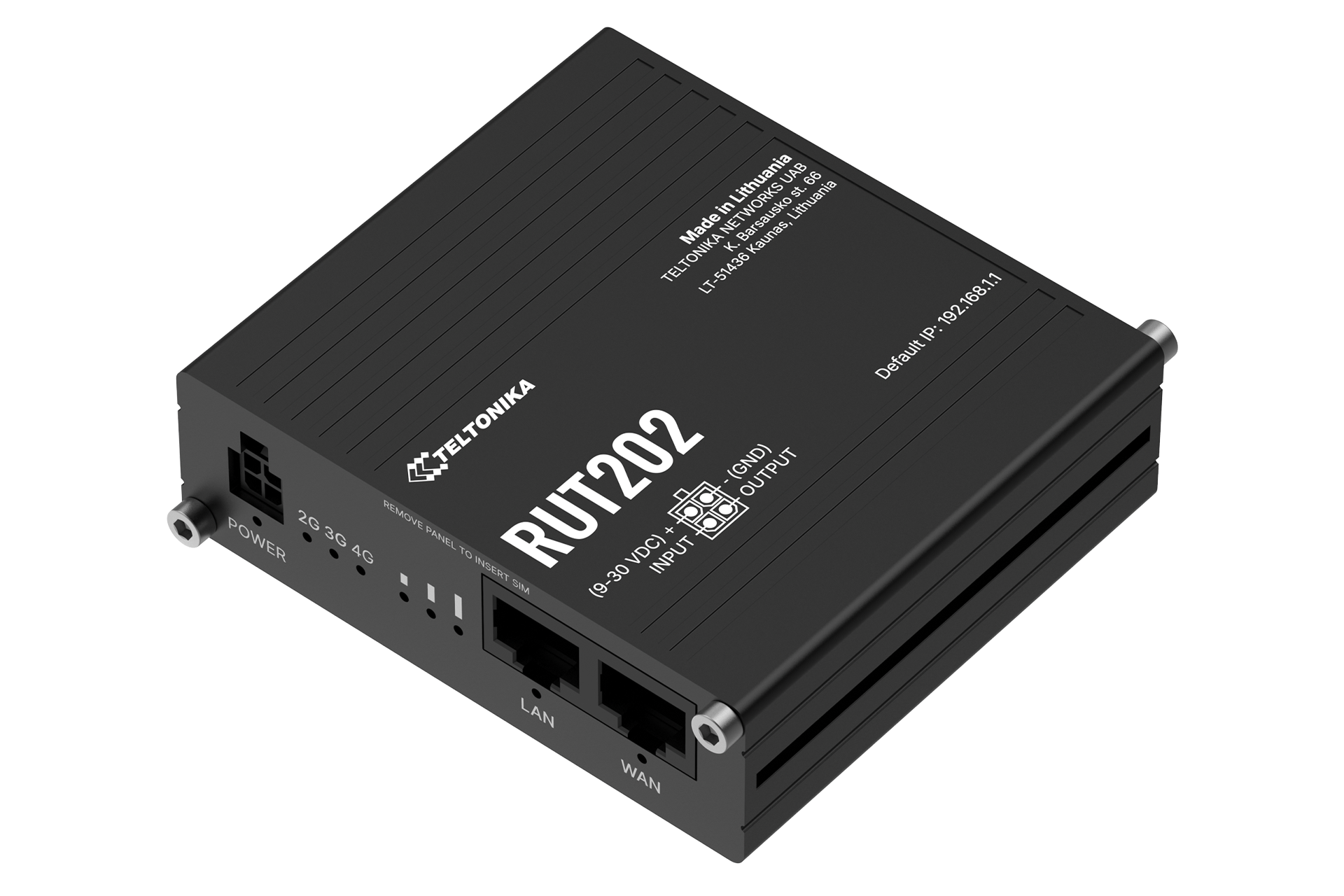 Black teltonika rut202 compact industrial lte router with dual sim 4g shown from the back with multiple ethernet ports