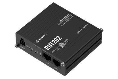 Black teltonika rut202 compact industrial lte router with dual sim 4g shown from the back with multiple ethernet ports