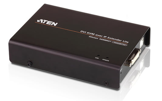 Black aten ke6900st-ax-u dvi-d kvm over ip slim extender transmitter only with metallic ports shown from the back side