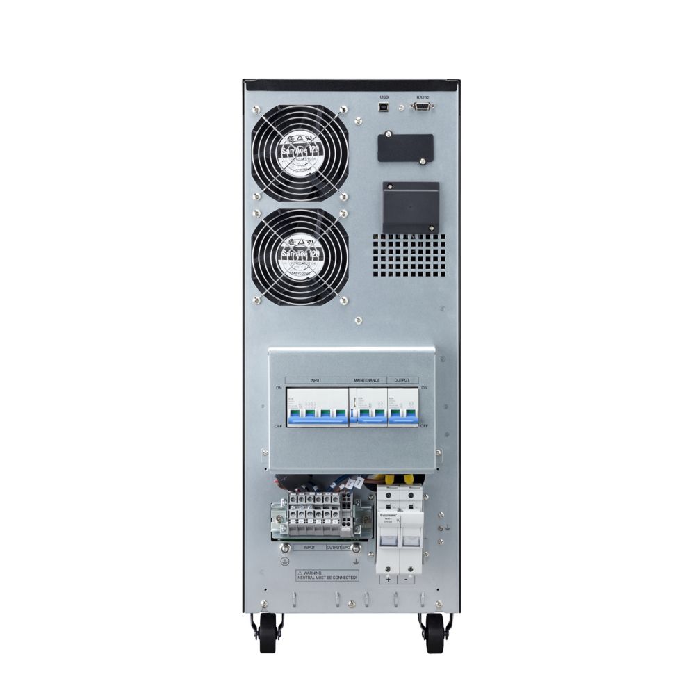 Silver metallic industrial-grade eaton 9e10kixl online ups with two black cooling fans circuit breakers and mounting wheels