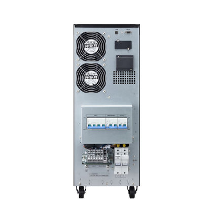Silver metallic industrial-grade eaton 9e10kixl online ups with two black cooling fans circuit breakers and mounting wheels