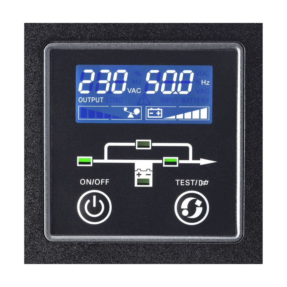 Eaton 9E10KIXL online UPS digital power meter display with blue backlight and white illuminated control buttons