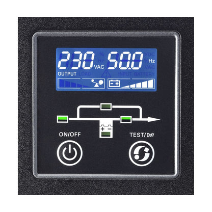 Eaton 9E10KIXL online UPS digital power meter display with blue backlight and white illuminated control buttons