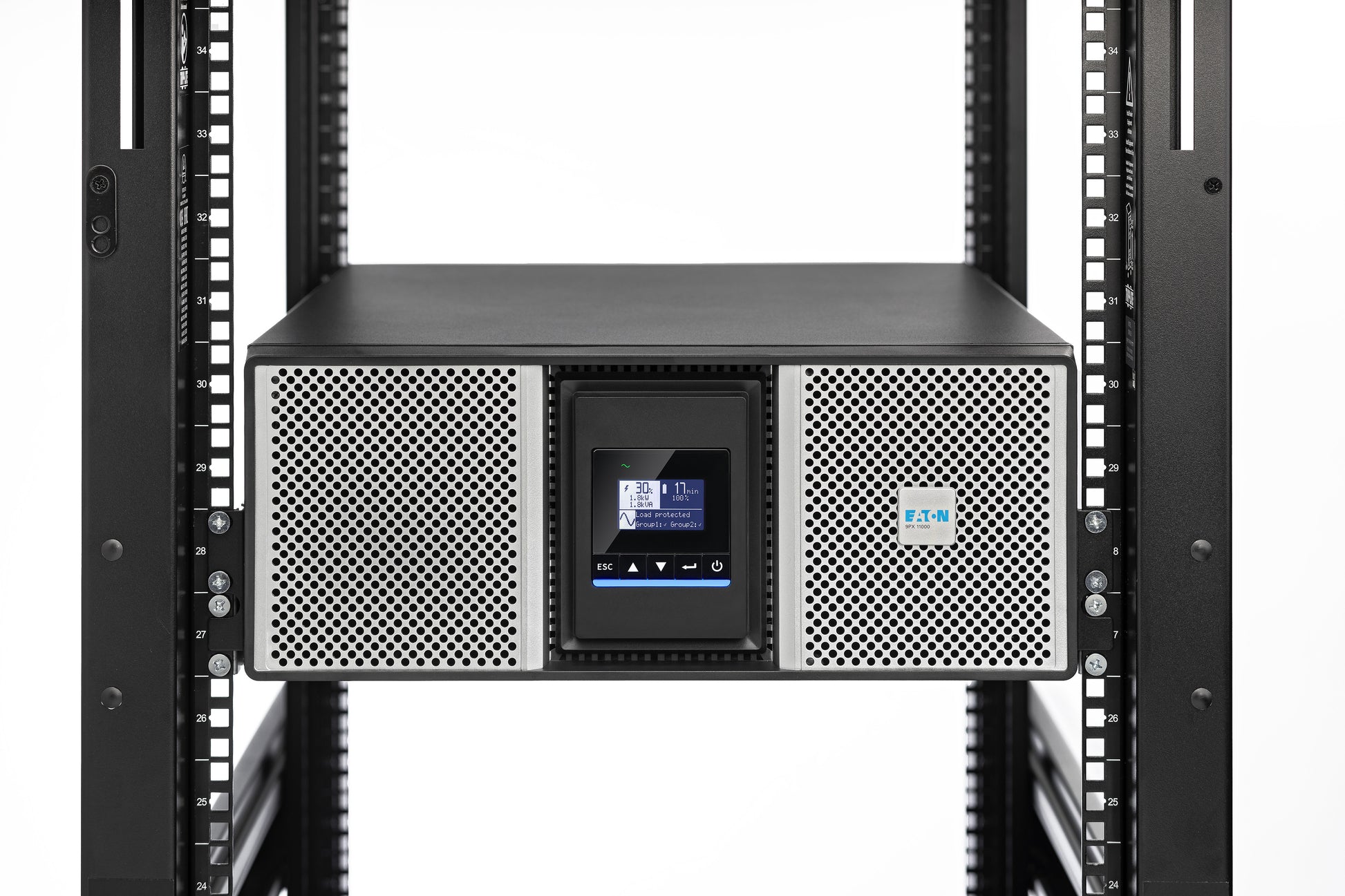 Eaton 9PX11KIRTG2 11kVA UPS front view black silver perforated panels display