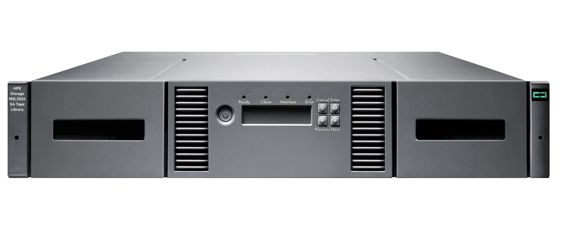 Gray metal hpe ak379b msl2024 gen4 24-slot lto tape library with two drive bays control panel and ventilation grilles