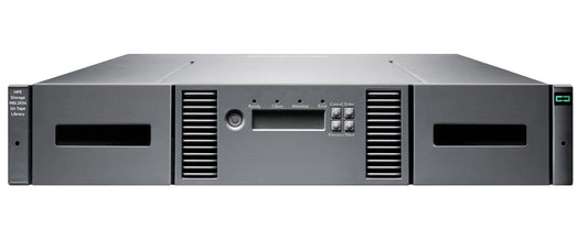 Gray metal hpe ak379b msl2024 gen4 24-slot lto tape library with two drive bays control panel and ventilation grilles