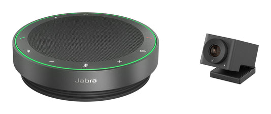Black jabra speak2 75 uc speakerphone with green illuminated ring and control buttons for small meeting rooms