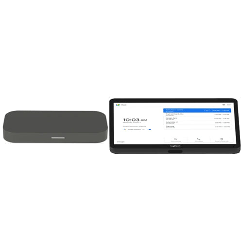 Black rectangular touchscreen tap base by logitech with sleek design for google meet touch controller compute