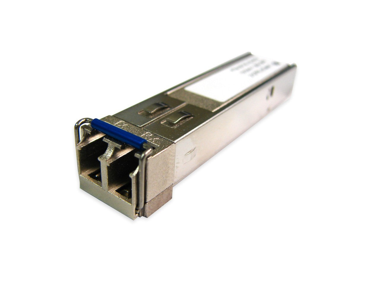 Silver-colored metal Juniper EX-SFP-10GE-SR transceiver module with blue plastic latch for 10GbE short-range fiber use