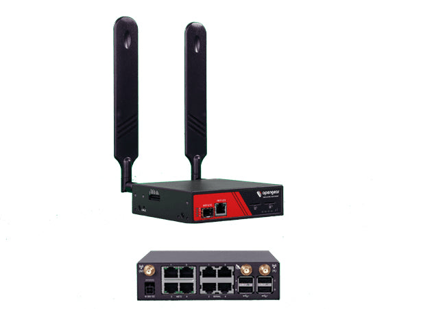 Black and red Opengear ACM7004-5-L network switch with two vertical antennas and 4-port serial console gateway features